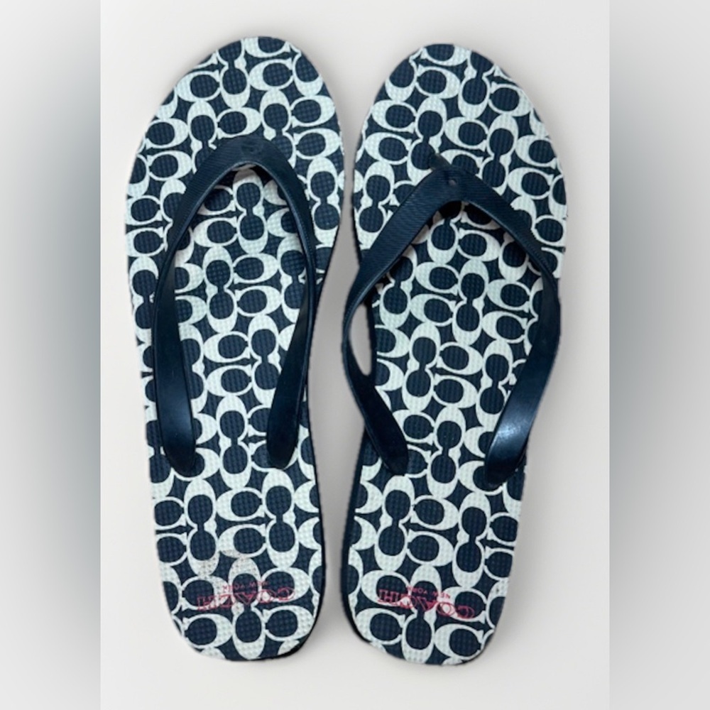 Coach Women’s Monogram Thong Flip Flop Rubber Size 7 8 Black White Slip On Shoes